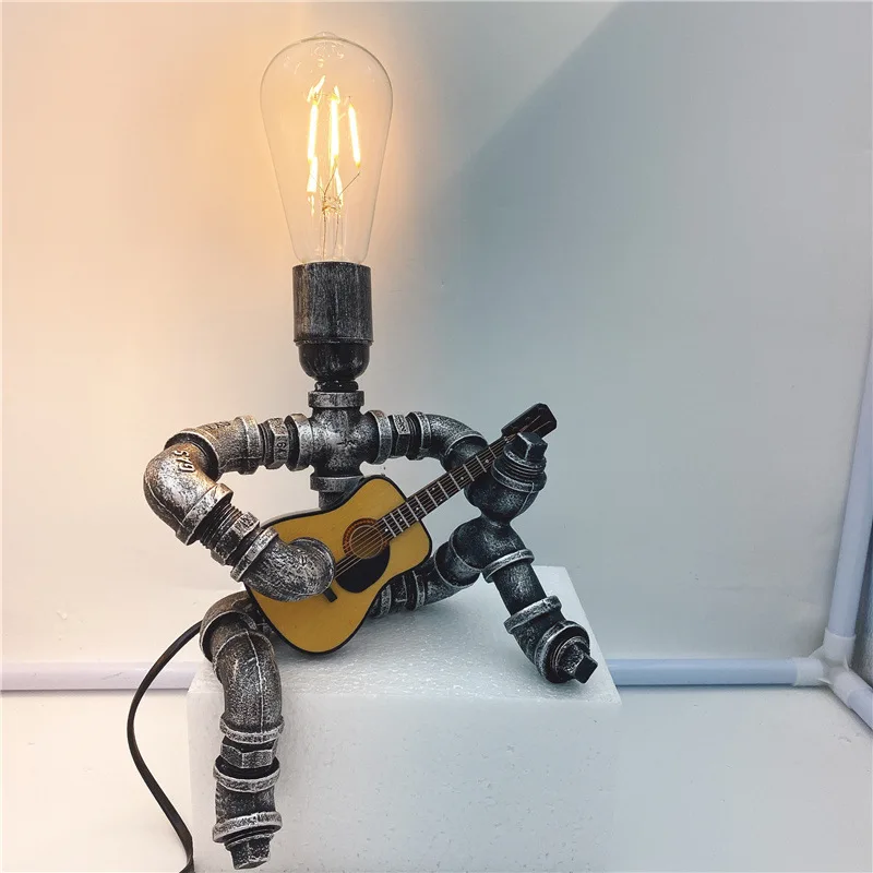 Steampunk Water Pipe Lamp Retro Creative Bedroom Desk Lamp Led Night Lamp Iron Pipe Guitarist Home Decoration Industrial Lamp