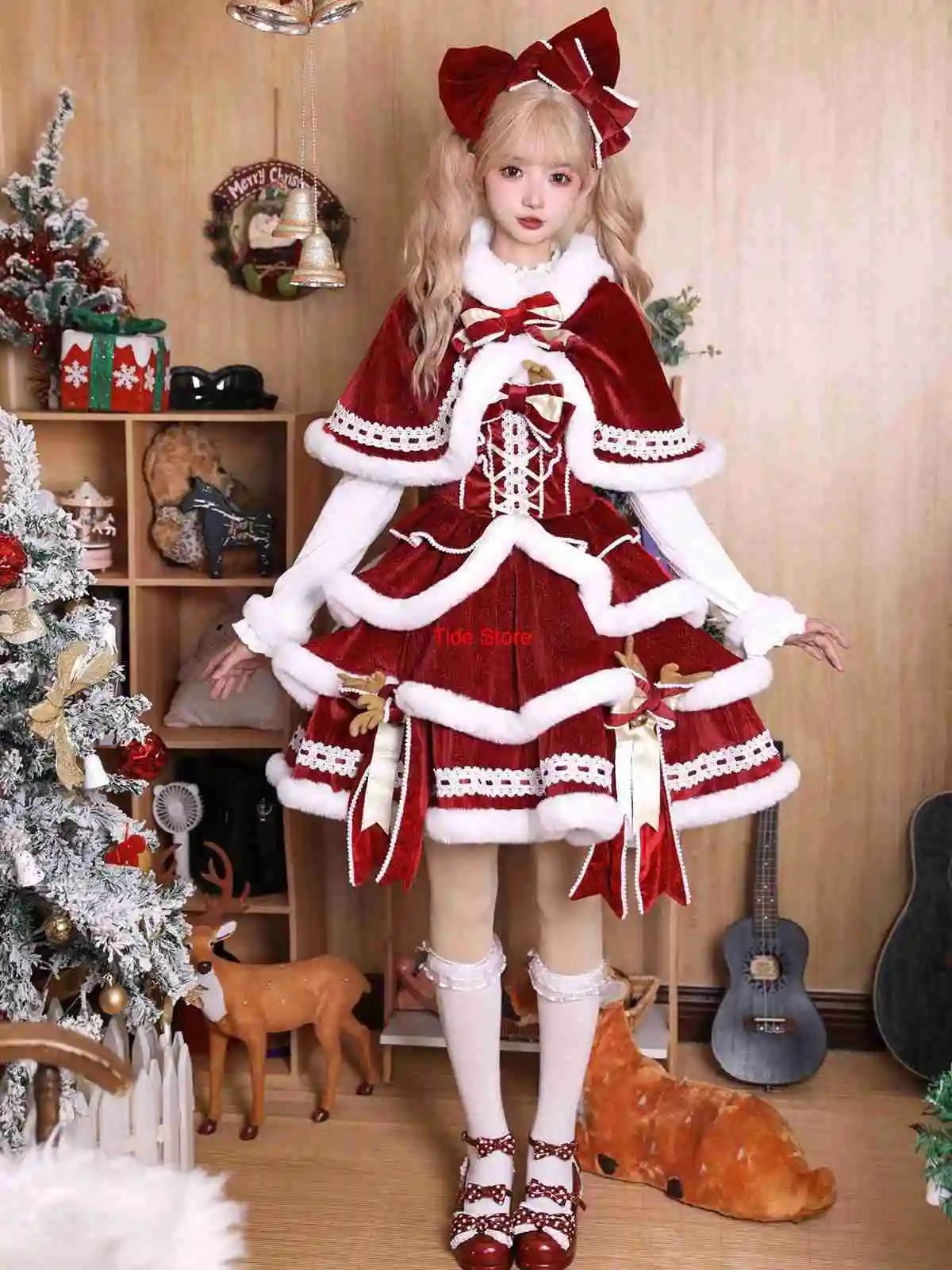 

Autumn Winter Christmas Reindeer Antlers Lolita Cute Cape Detachable Bowknot Hooded Cloak Coat Dress Red Tiered Dresses Op
