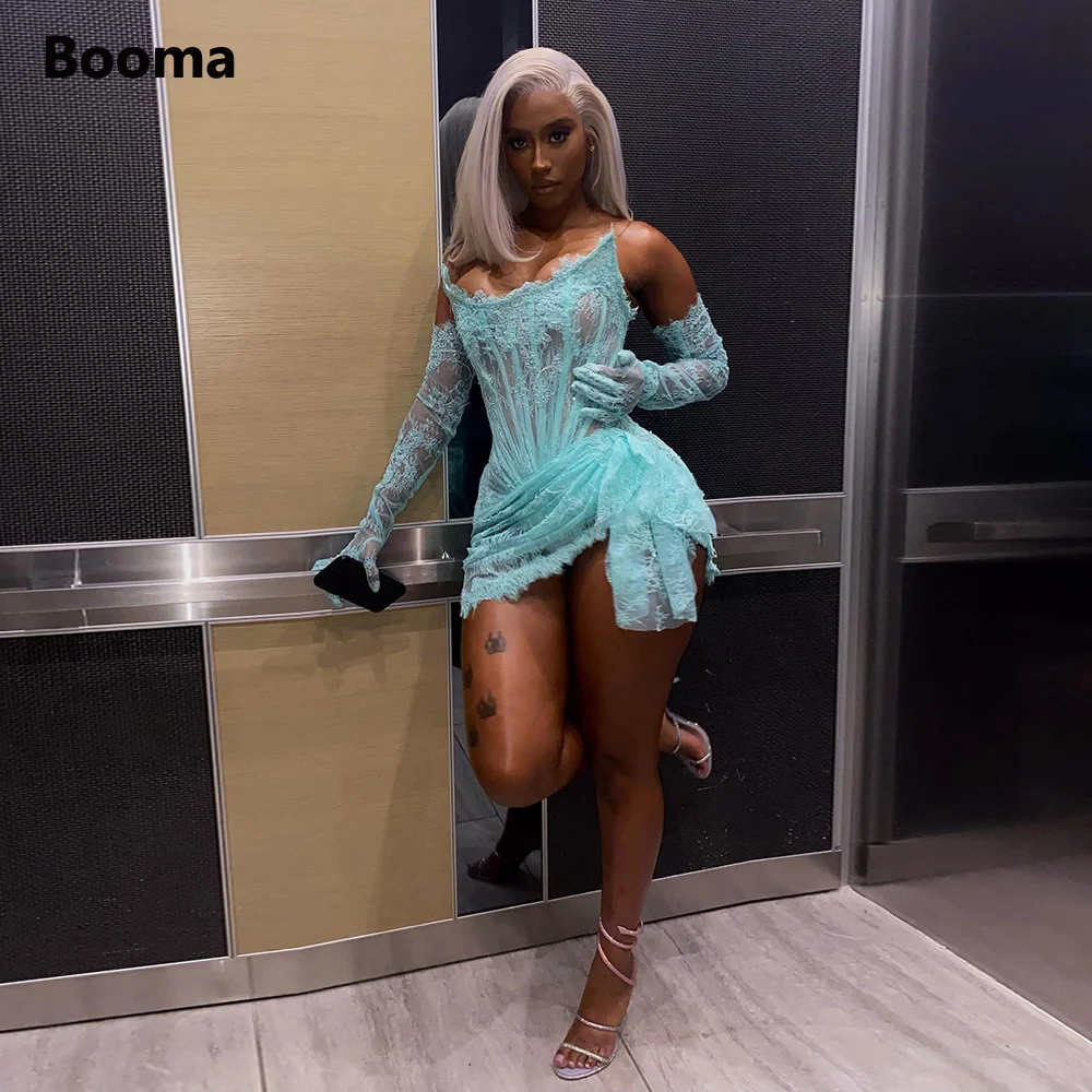 

Booma Sexy Teal Lace Mini Prom Dresses with Gloves See-through Strapless Boned Corset Above Knee Party Gowns Night Clubbing