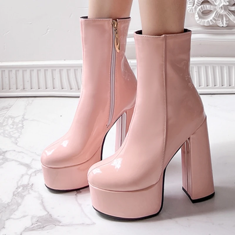 

Platform Ankle Boots for Women Black White Pink Short Boot Block Heels Party Fetish Shoes Lady Big Size 45 New 2024 Winter