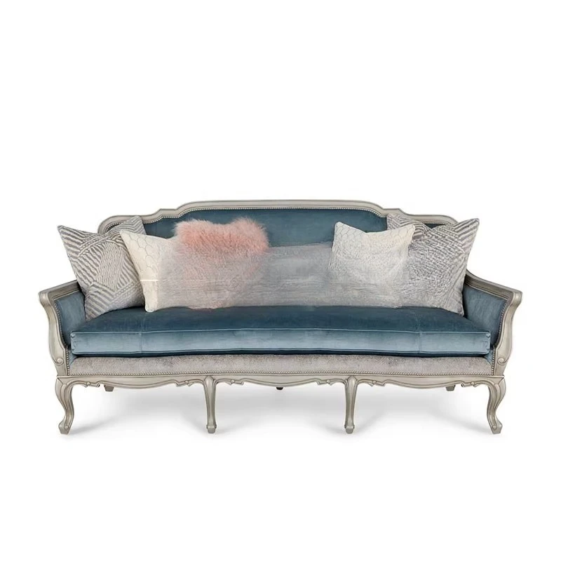 

Blue velvet single and double sofa French light luxury engraved champagne silver living room furniture