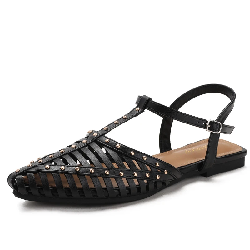 Damen-Hohlsandalen im römischen Stil, Retro-Nieten-Sandalen mit niedrigem Absatz und geschlossener Zehenpartie, Knöchelschnallenschuhe, Übergrößen, Sommer-Freizeitsandalen für den Strand – Detail 7