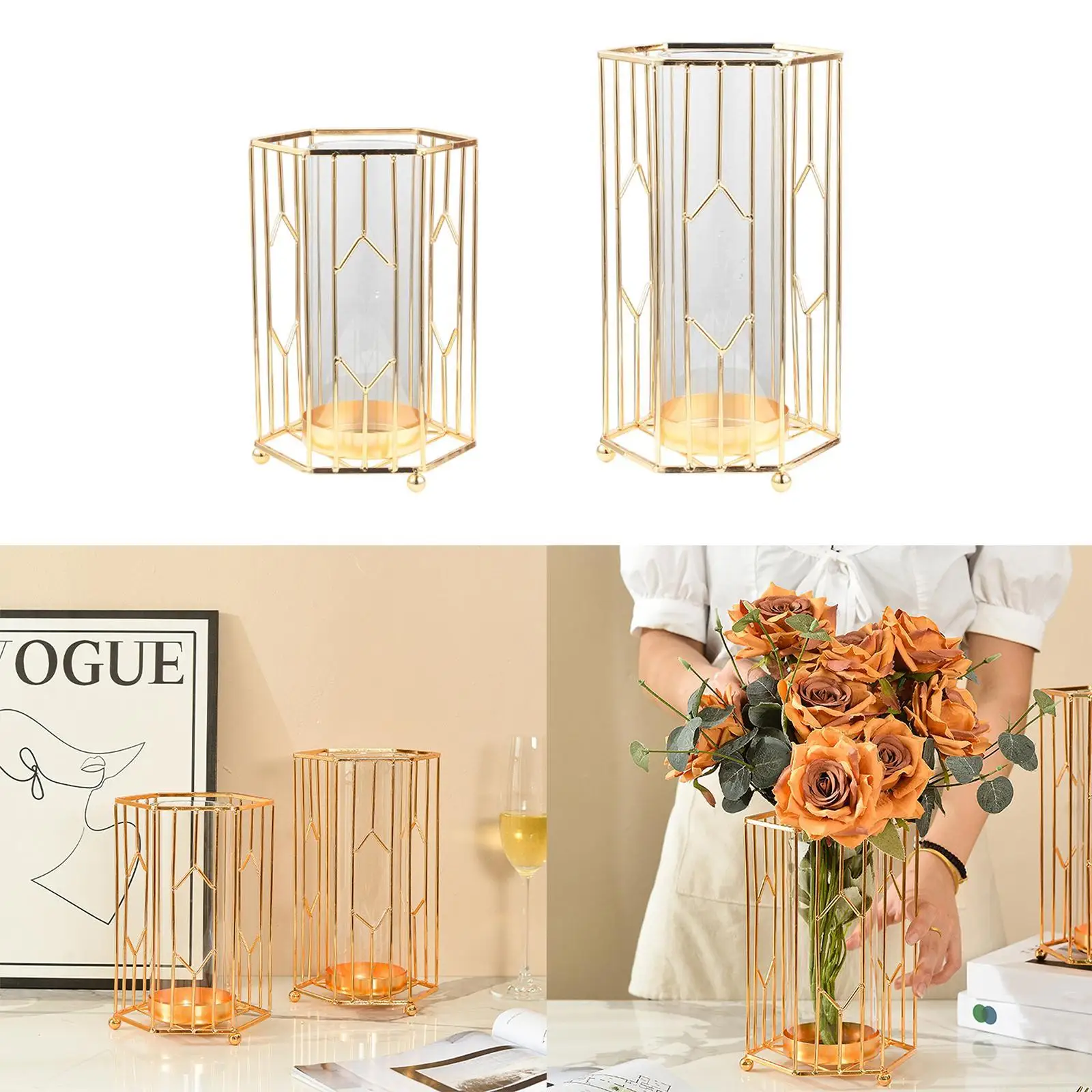 Vaso de mesa de metal de vidro, vaso central de armazenamento, vaso de flores decorativo, suporte para estante, armário, casa, quarto interno