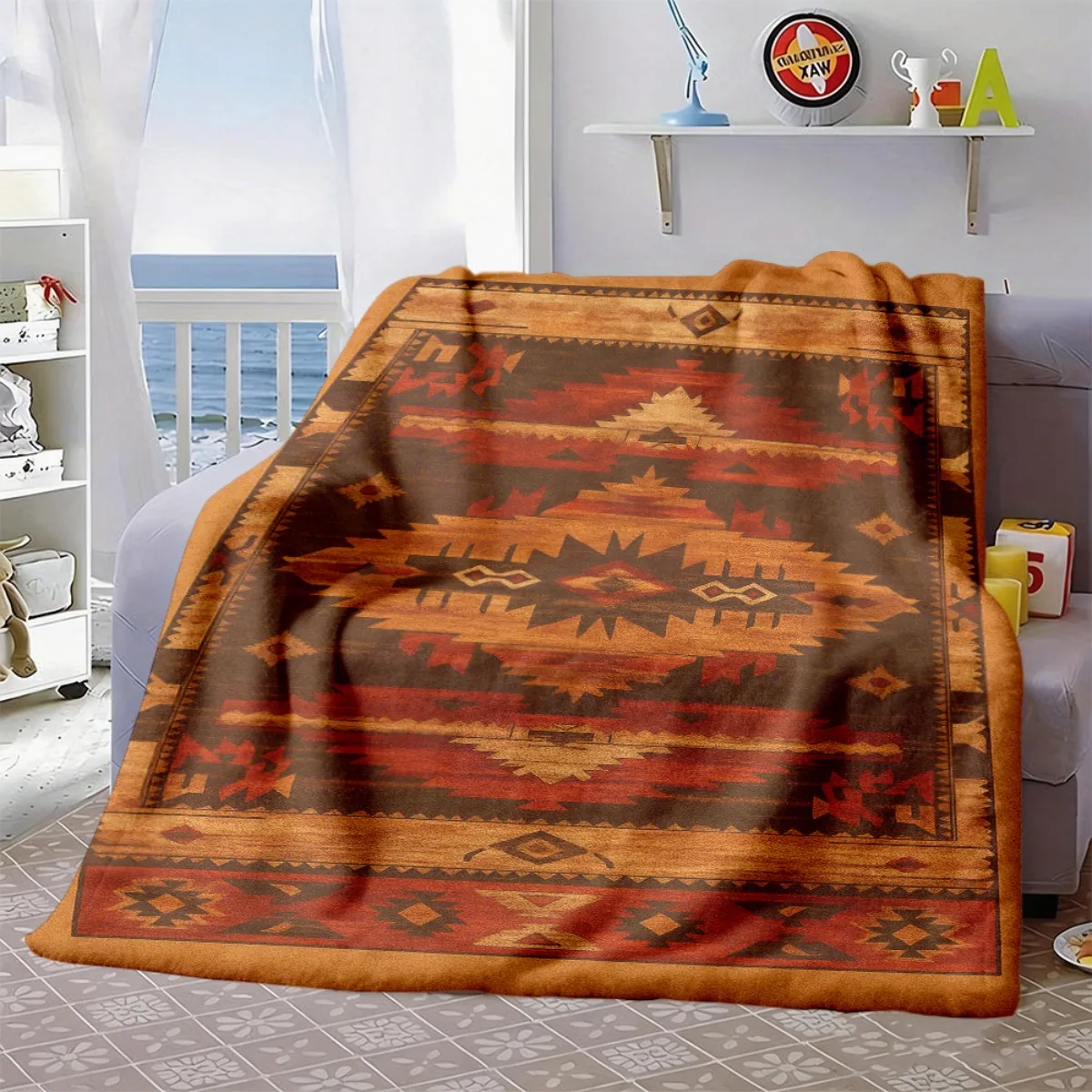 Boho Western Antique Geometric Ethnic Motif Print Flannel Blanket Cozy Thick Throw for Couch Travel Farmhouse Home Decor
