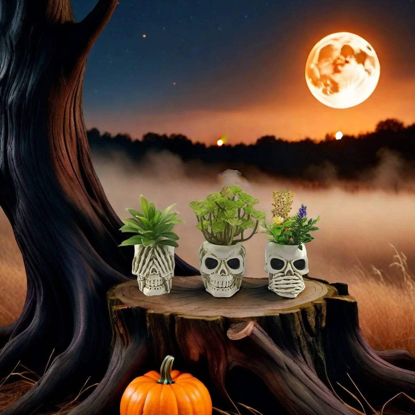 Halloween Succulent Planter Set of 3 - See No, Hear No, Speak No Evil Skull Plant Pots, Resin Gothic Home Decor, DIY Funny Gardr