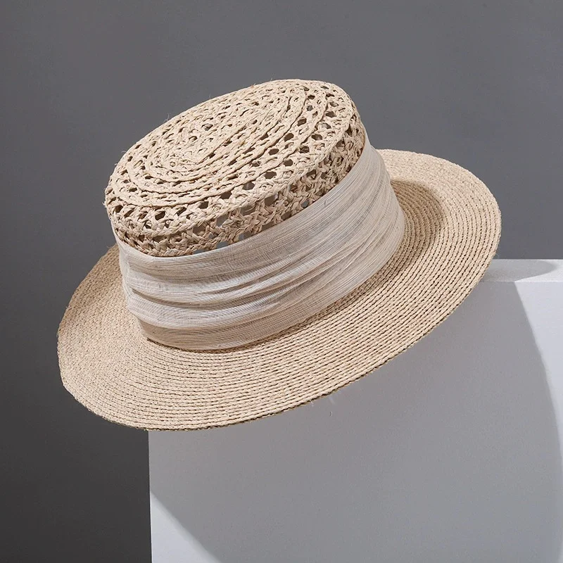 2026 French-style Elegant Bow-adorned Straw Hat for Women: Summer Fisherman's Hat, Sun Hat, Openwork Mesh Sun Hat