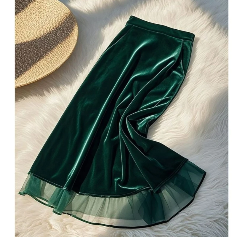 

Женская юбка во французском стиле, весенне-осенняя, с высокой талией, из зеленой сетки и велюра, элегантная модная облегающая бархатная юбка для женщин