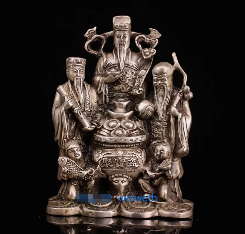 

6.3” Copper Tibet Silver Plating Hand Carved “Fu Lu Shou ”god of Wealth Statue