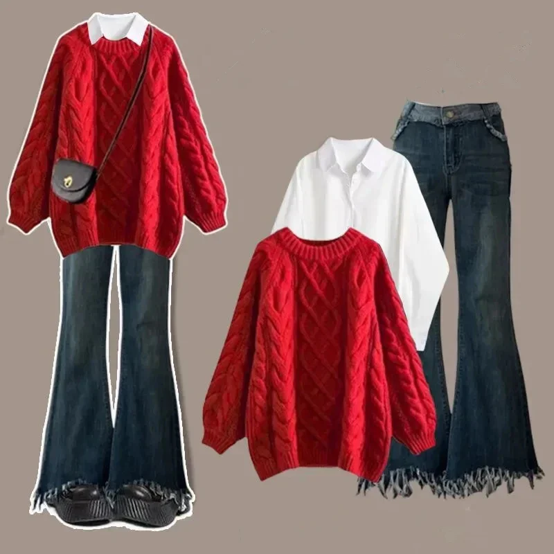 

Women Autumn Winter Loose Sweater Shirts Denim Pants Three Piece Sets Lady Falls Casual Joker Knitted Tops Blouse Jeans Outfits