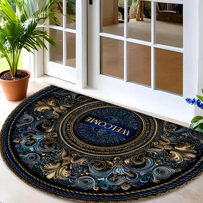 Black Gold Baroque Pattern Welcome Text Semi Circle Doormat For Luxe Entryway Non Slip Welcome Floor Mat Accent