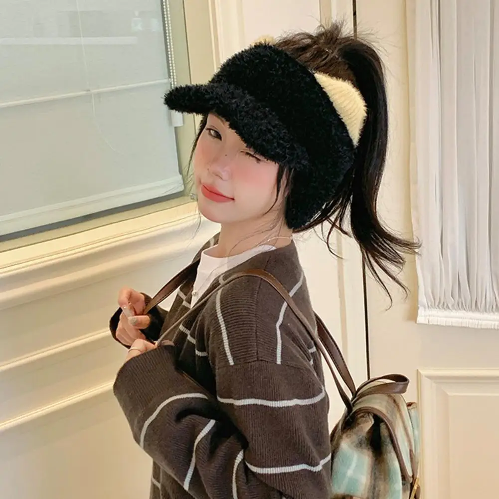 Korean Style Winter Accessory Winter Visor Cap with Ear Flaps Plush Hat with Brim Open Top Ponytail Winter for Women for Women