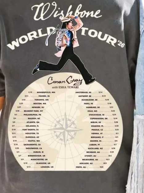 Retro Conan Gray Wishbone tour T-shirt, reversible concert schedule T-shirt, retro indie pop music graphic  women t shirt