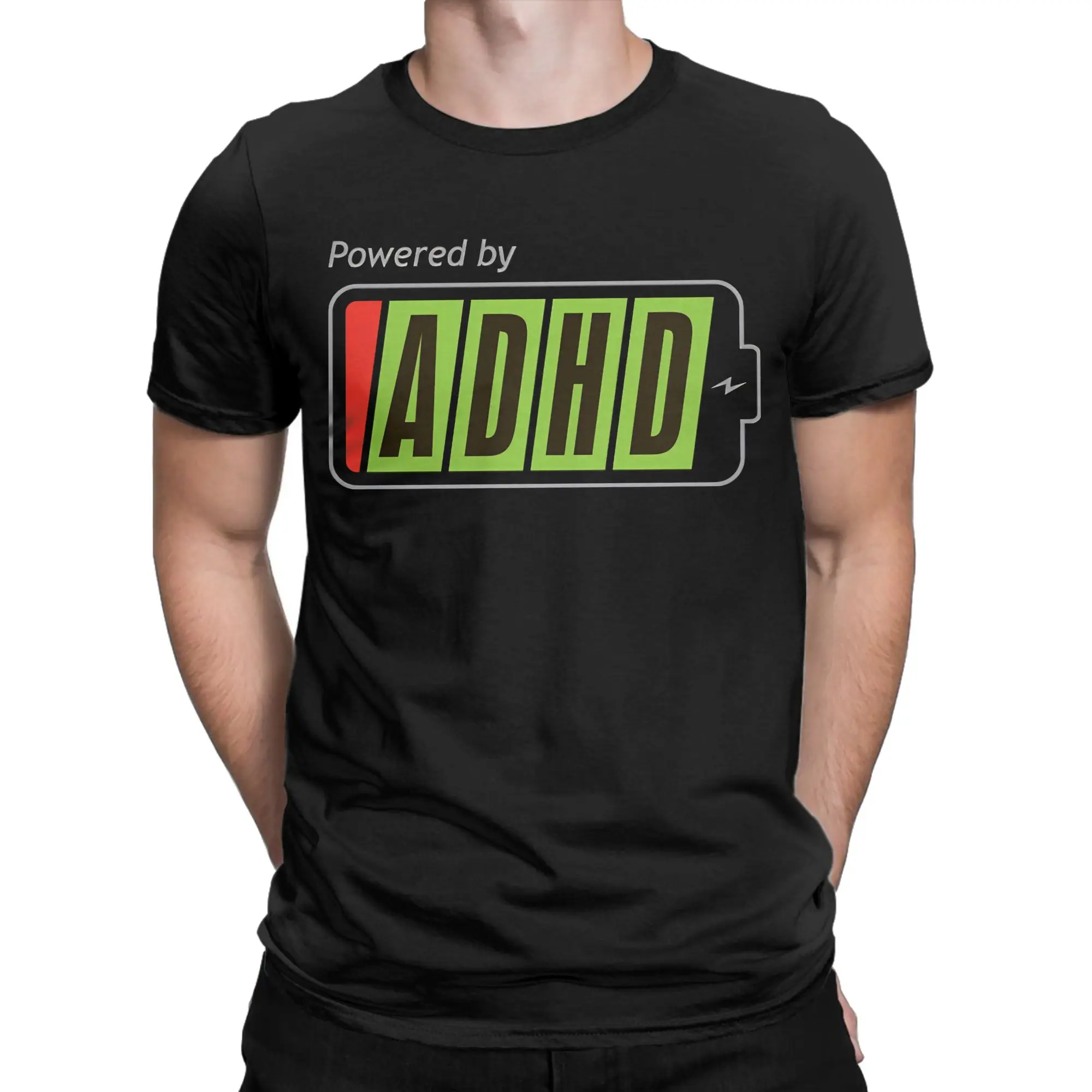 Men T-Shirts Powered By ADHD  Vintage Cotton Tees Short Sleeve  T Shirt O Neck Clothes Summer