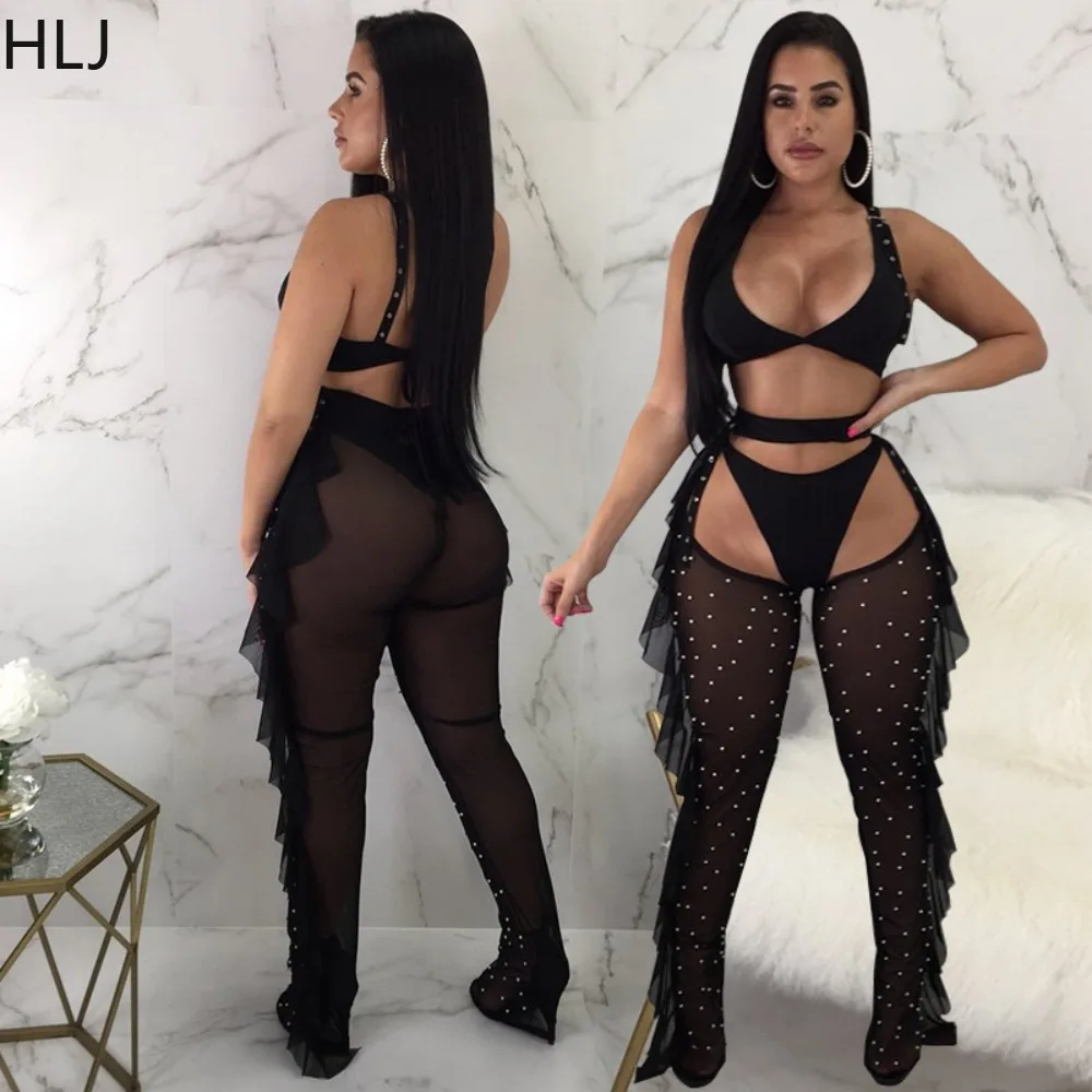 HLJ Sexy Mesh Perspective Ruffle Pants Nightclub Two Piece Sets Women Bra + Pants Outfits Fashion Bead Hollow 2pcs Clothing 2023
