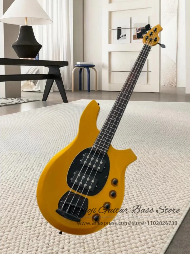 4 string golden bass guitar, black fixed bridge, solid wood body, maple neck, rosewood fretboard, stainless steel frets, black H