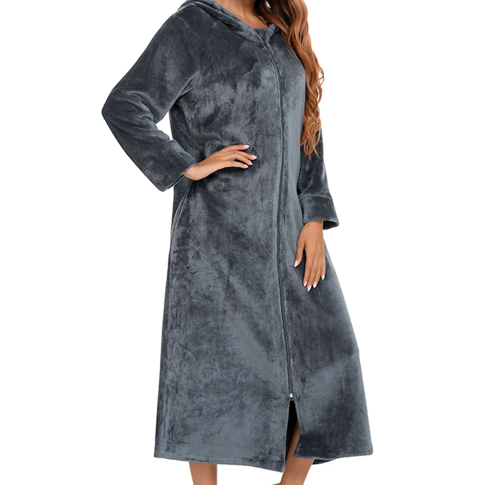 Winter Warm Women Men Sleepwear Long Zipper Hooded Bathrobe Pajamas Thick Super Soft Fleece Nightgown Sleepwear Casual Homewear