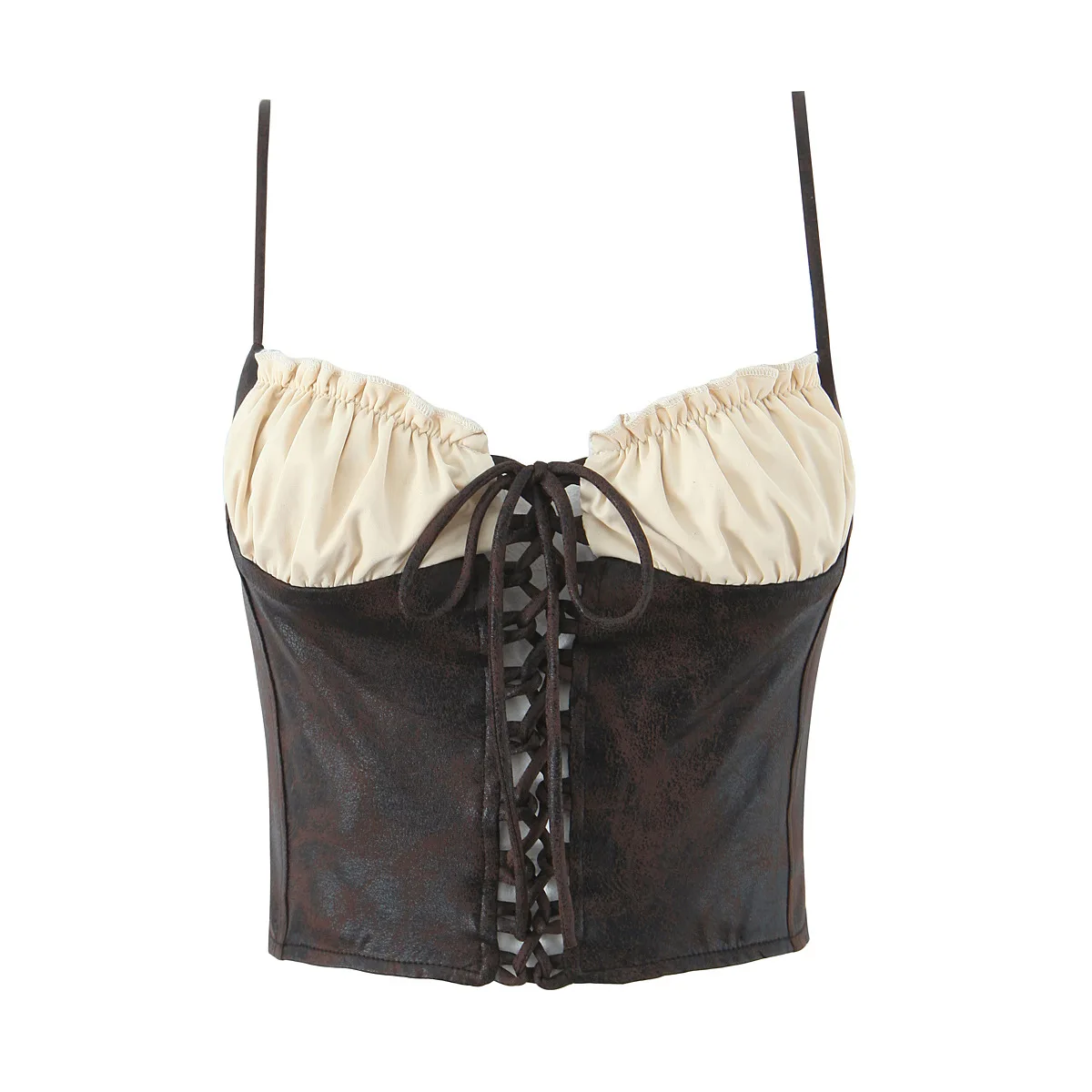 Women's Hot Girl Style Brown Patchwork Top   8XYS