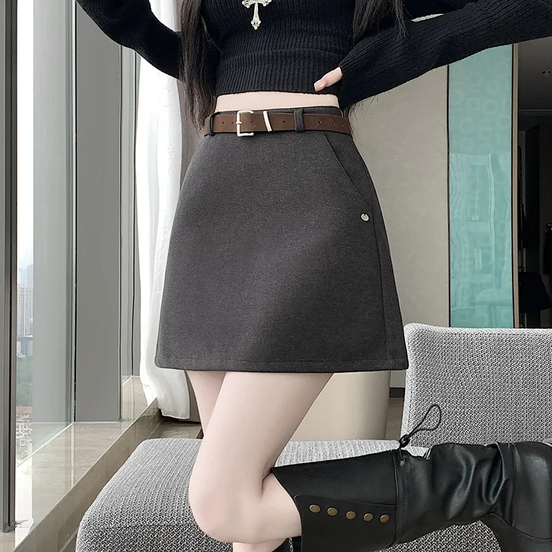 Saias curtas de lã vintage para mulher 2025 novo elegante engrossado cintura alta envolto a linha mini saias femininas