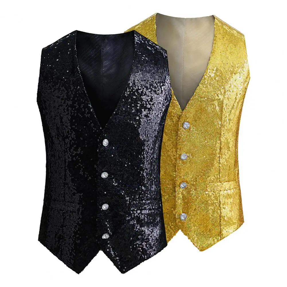 Men Vest Shiny Sequin Sleeveless Men's Vest with Slim Fit Adjustable Back Buckle for Stage Show Emcee Performance V Neck