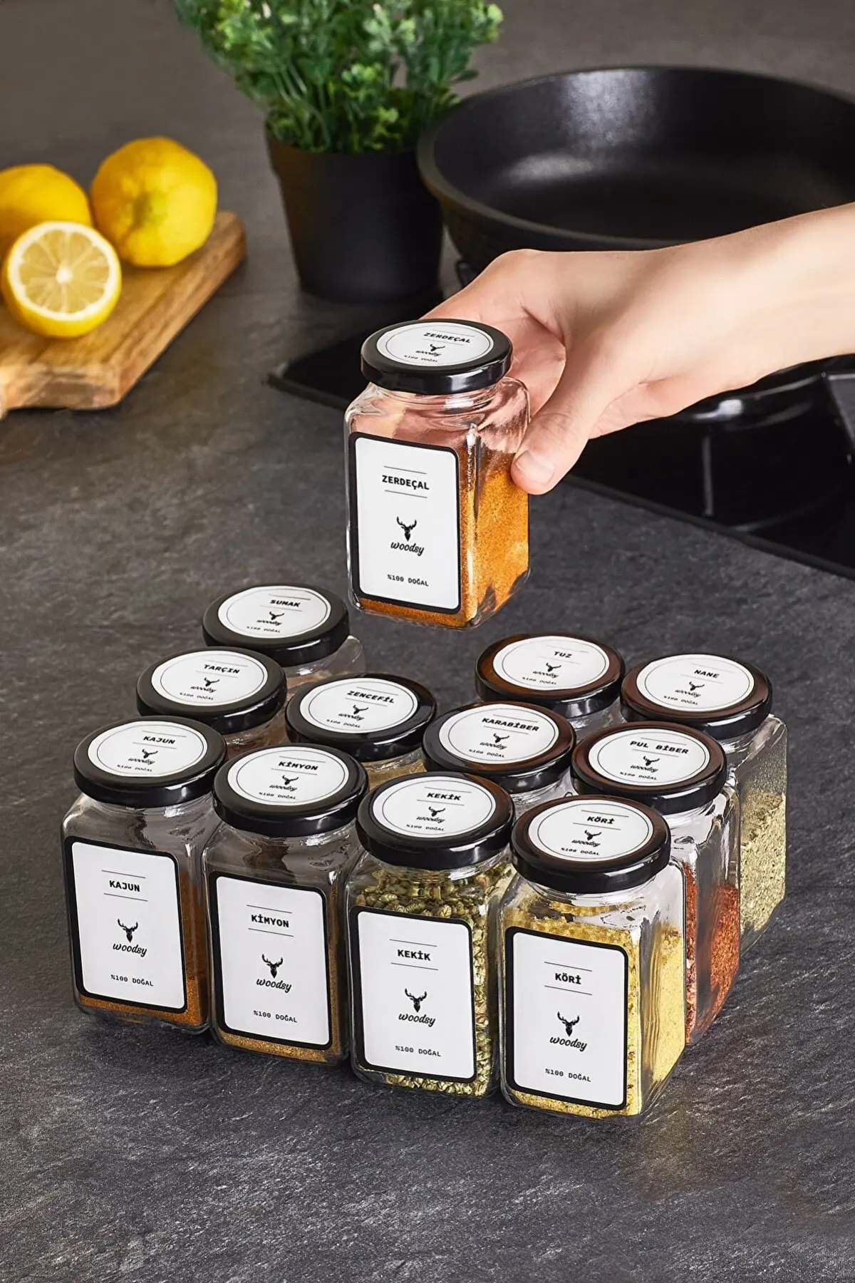 Set of 12 Glass Jars 160 ml 12 Spices Labels of Kitchen Cabinet Organizer