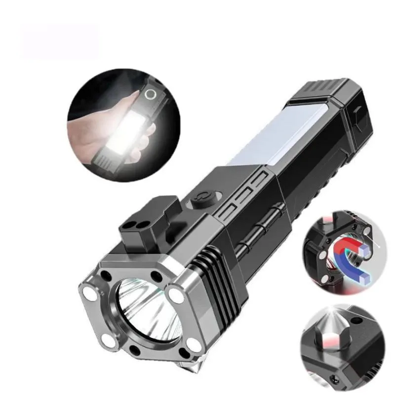 High Power Led Flashlight With Hammer Self Defense Rechargeable Torch Side Light Strong Magnets Power Bank For Camping Emergency