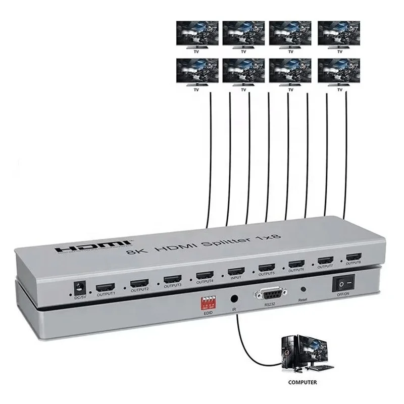 High Quality 8K 2.1 HDMI Splitter 8 Port 8Port 8Way 8K 60Hz 4K 120Hz 7860x4320 3D 1 In 8 Out UHD Edid HDMI Splitter 1x8