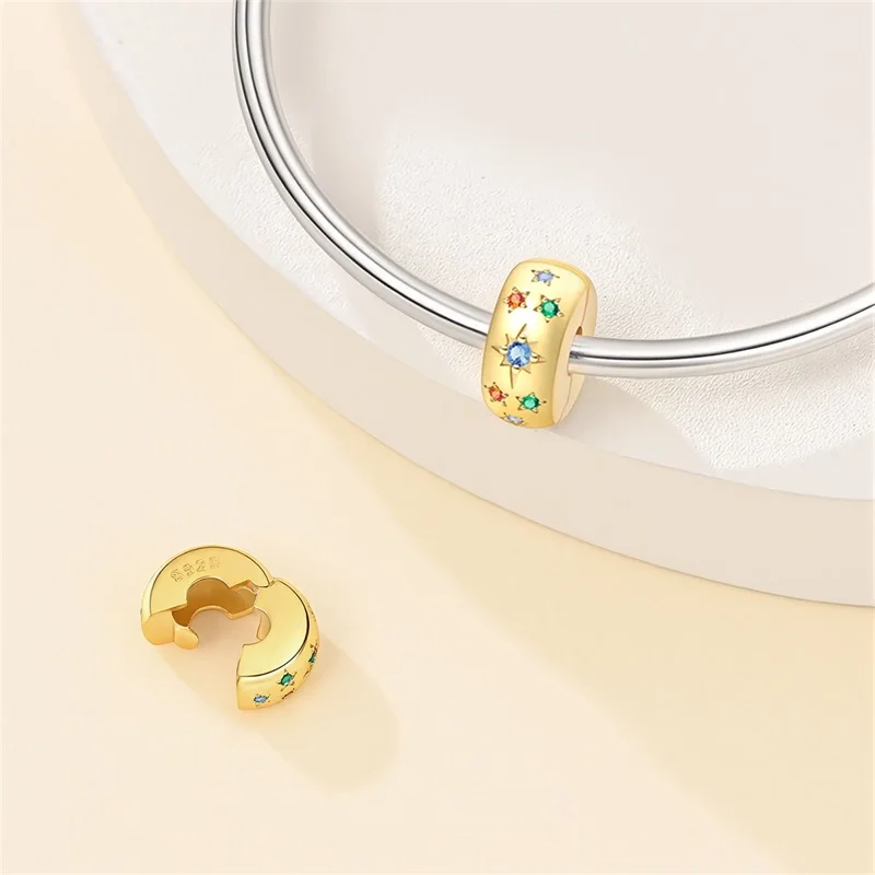 925 فضة سحر الخرز الملونة ستار الذهب مشبك أمان السلامة مشبك ثابت صالح الأصلي سوار DIY النساء المجوهرات #3