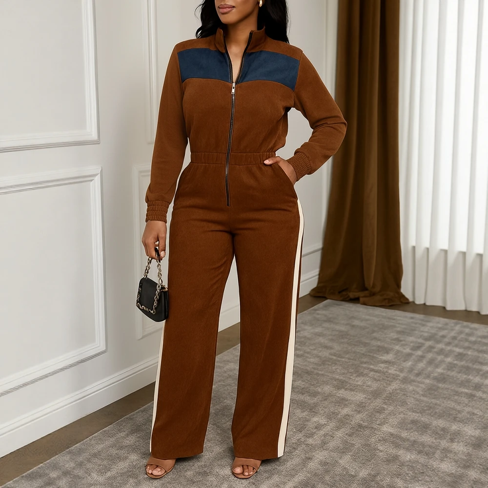 

Spring Autumn Casual Fitting Round Neck Jumpsuit Dress Comfortable Style Women's All-Match High Waist Trousers