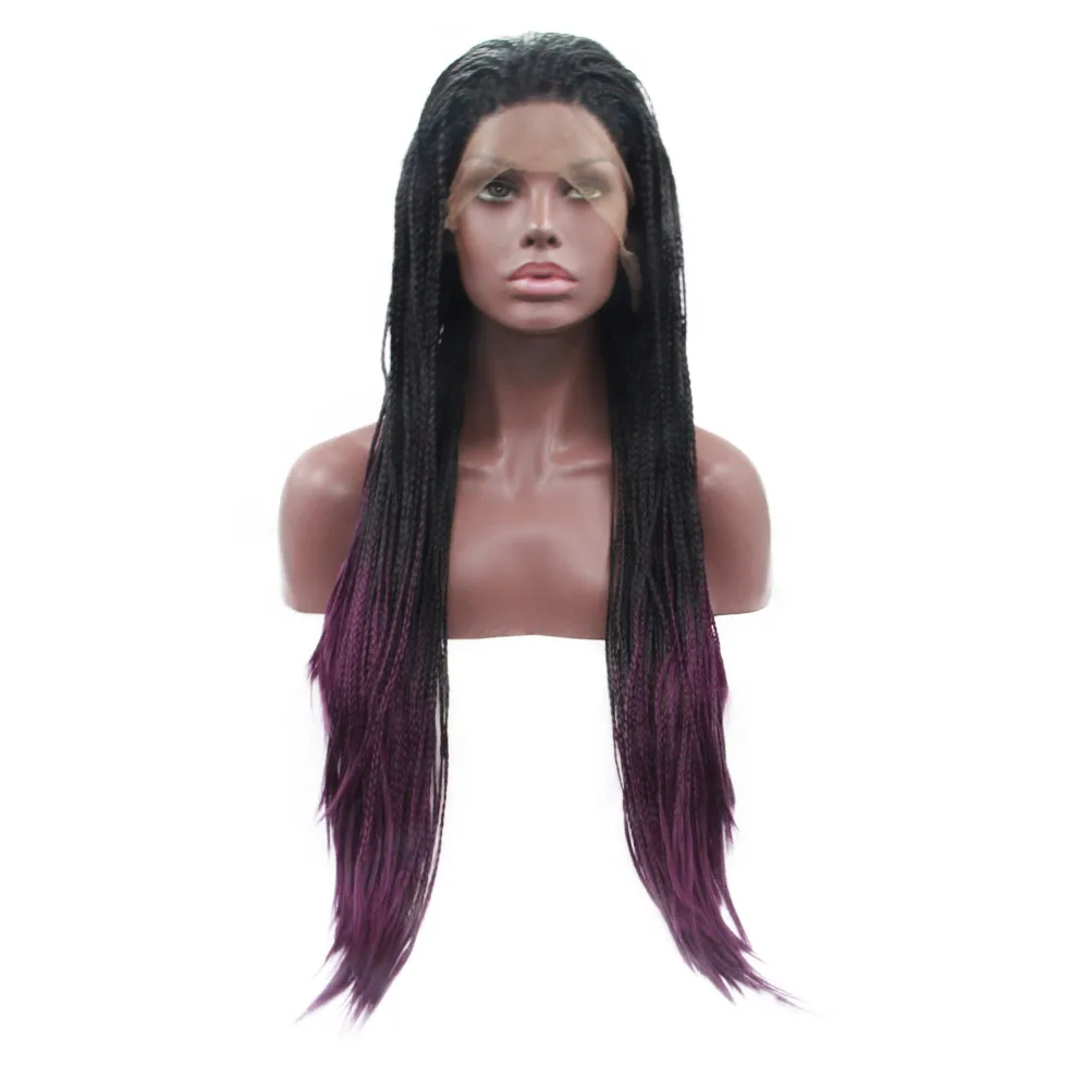 

24 Inches Synthetic Lace Front Wig Dark Purple Long Braid Hairstyle Heat Resistant Fiber Hairs Regular Wigs For Women