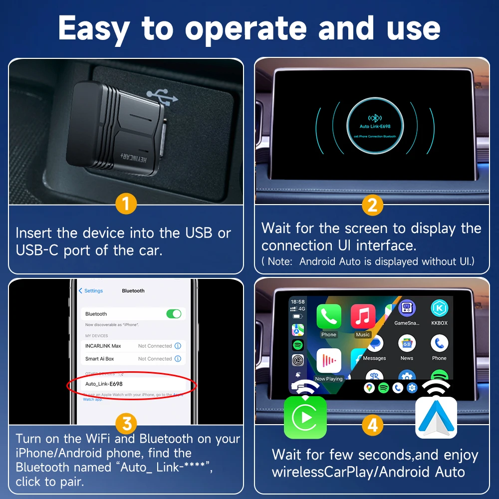 2024 HEYINCAR Wireless Android Auto Adapter Carplay Wireless 2in1 Smart Dongle For Toyota Kia Hyundai VW Mazda Volvo Benz Audi
