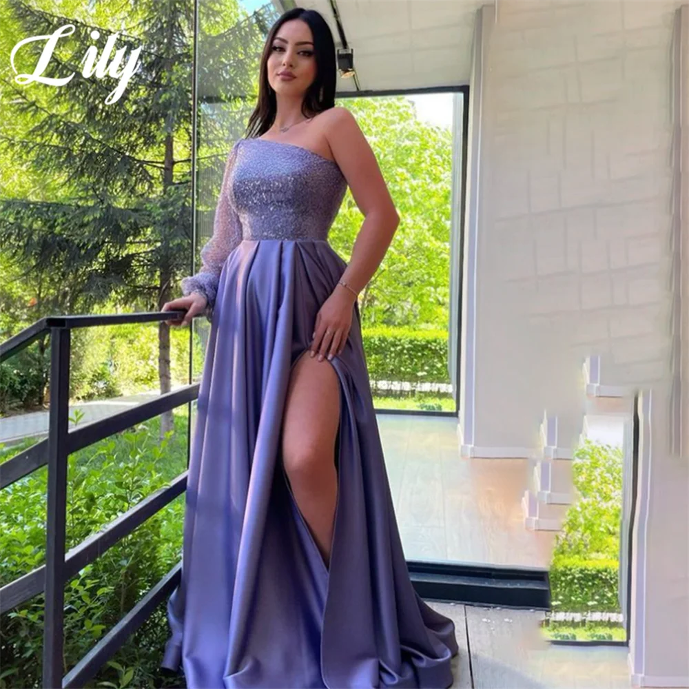 

Lily Purple Evening Gown Trumpet Sequin Prom Dress with Pleats One Shoulder Evening Dress with High Side Split robes de soirée