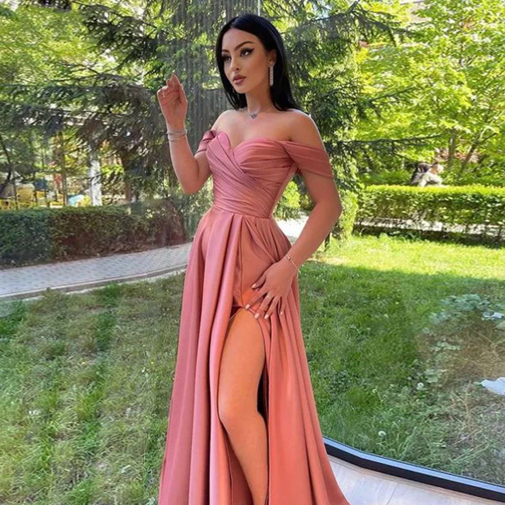 

Vinca Sunny Customized Pleat Pink Satin Evening Dresses Short Sleeves A Line Side Split Women Party Prom Robe De Soirée Femme