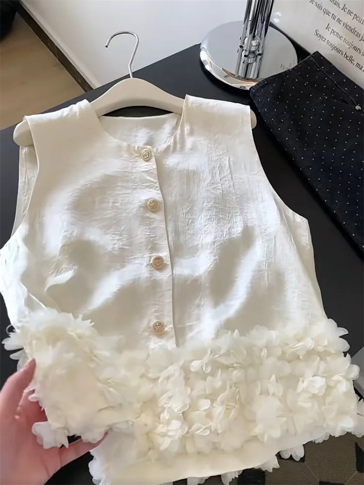 Silk Satin Petal Design Svel Vest Women's Summer Sle Commute Slim Fit round Ne ort Length Single Button Closure