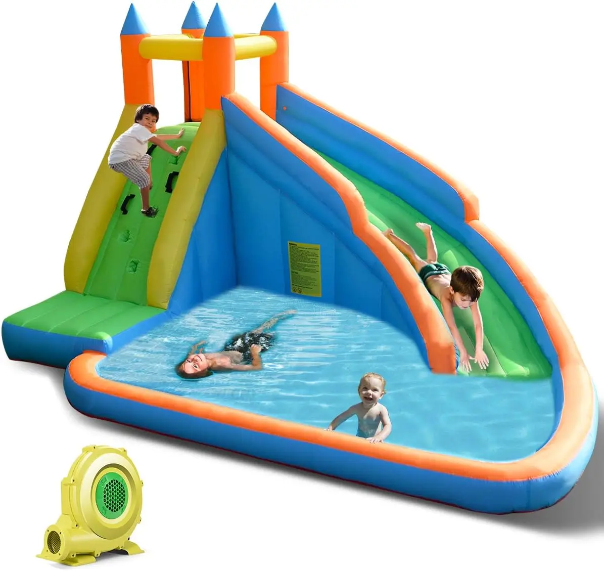 Water Slide, Giant Bouncy Waterslide Park for Kids Backyard Outdoor Fun w/ 480w Blower, Climbing, Splash Pool