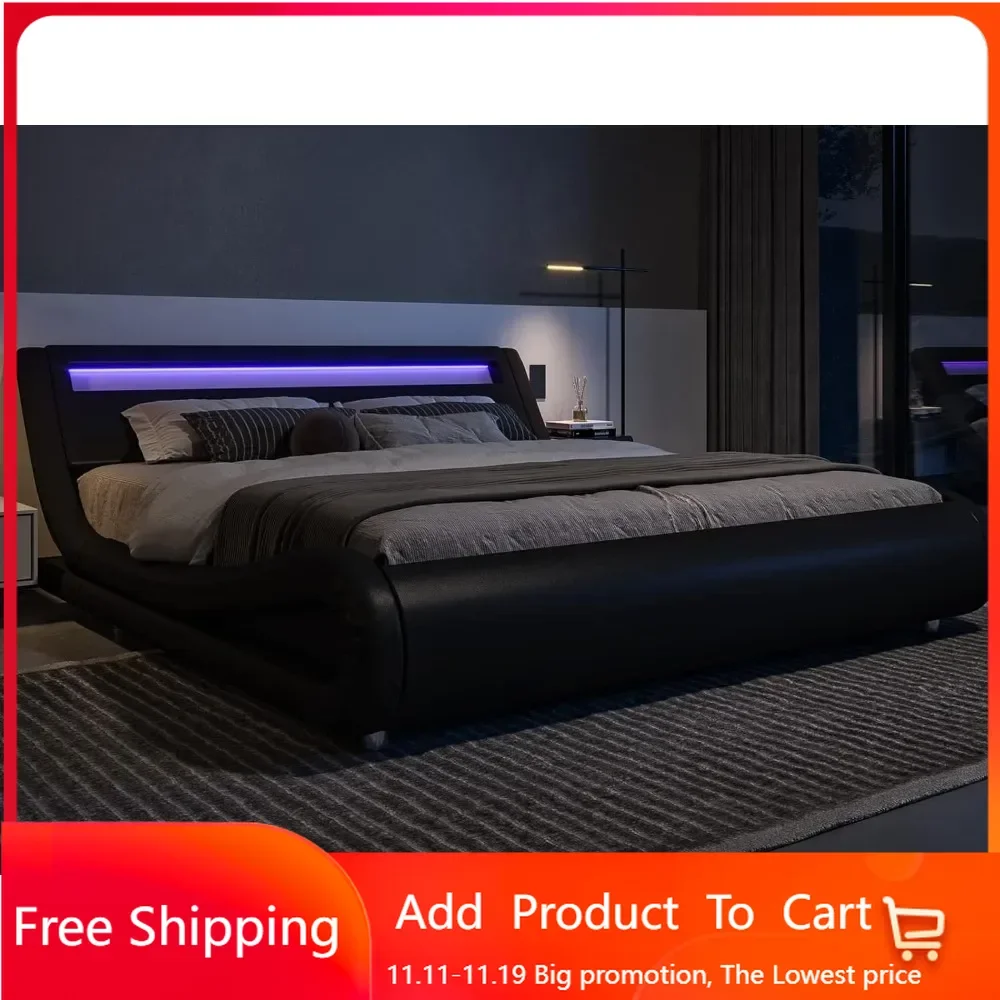 

Full Size LED Platform Bed Frame with Adjustable Headboard/No Box Spring Need/Easy Assembly/Faux Leather in