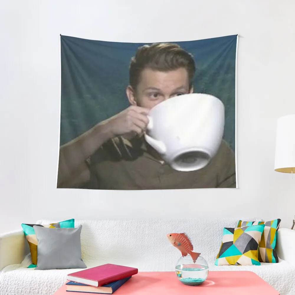 Tom Holland Drinking From Giant Teacup Tapestry Christmas Decoration Outdoor Decor On The Wall Tapestry