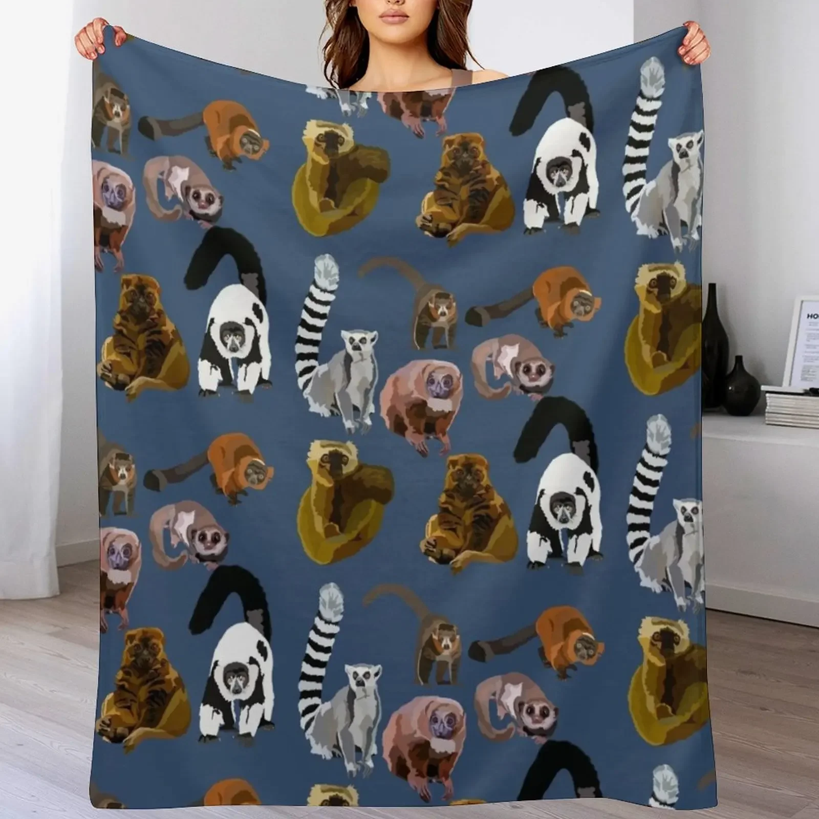 Mixed Lemur Species Ring Tail, Black and White Ruff, Red Ruff Lemur Throw Blanket Cute Plaid Sofa Hairy Blankets