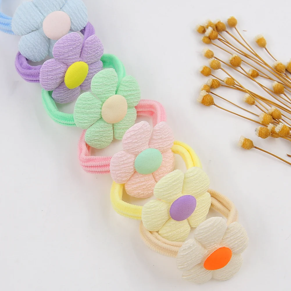 6Pcs/Set Korean Candy Color Flower Baby Girls Hair Scrunchies Hairbands Rubber Bands Ponytail Thumb Ring Elastic Thread Toddler