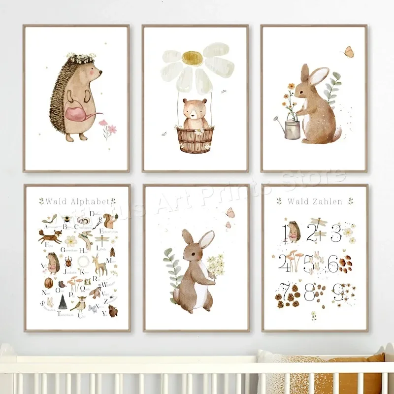 Rabbit Bear Goose Hedgehog Squirrel Mushroom Flower Number Alphabet Nursery Education Poster Kids Art Prints Wall Canvas Picture