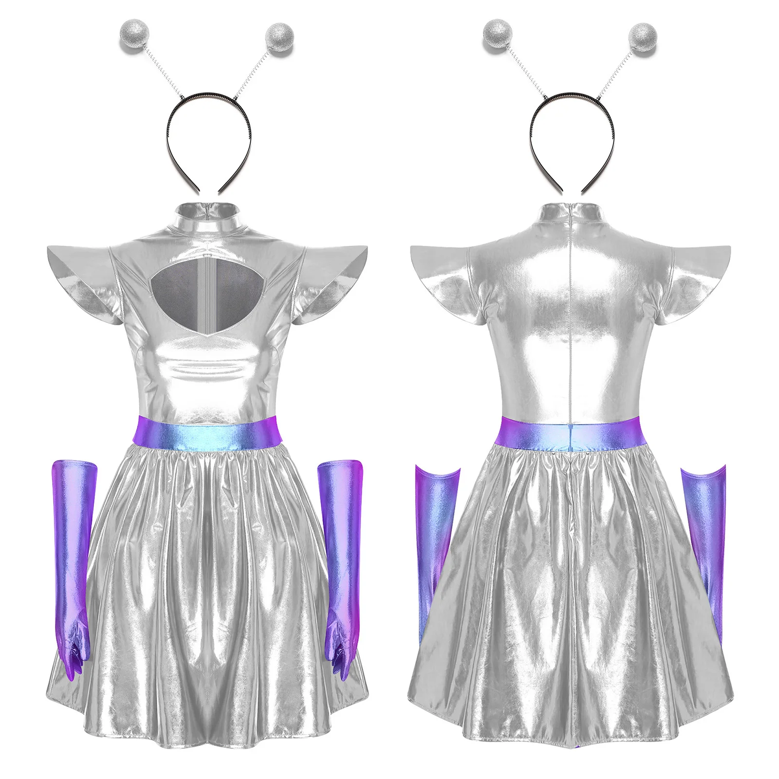 Women Shiny Alien Outerspace Cosplay Costume Halloween Dress-up Outfit 2pcs Sleeveless Tutu Dance Dress for Future World Party view 4