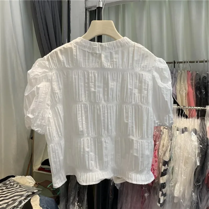 Neploe Vintage Sweet O-neck Ruched Shirts Women 2024 Summer New Chiffon White Blouses Y2k Puff Sleeve Loose Blusas Mujer