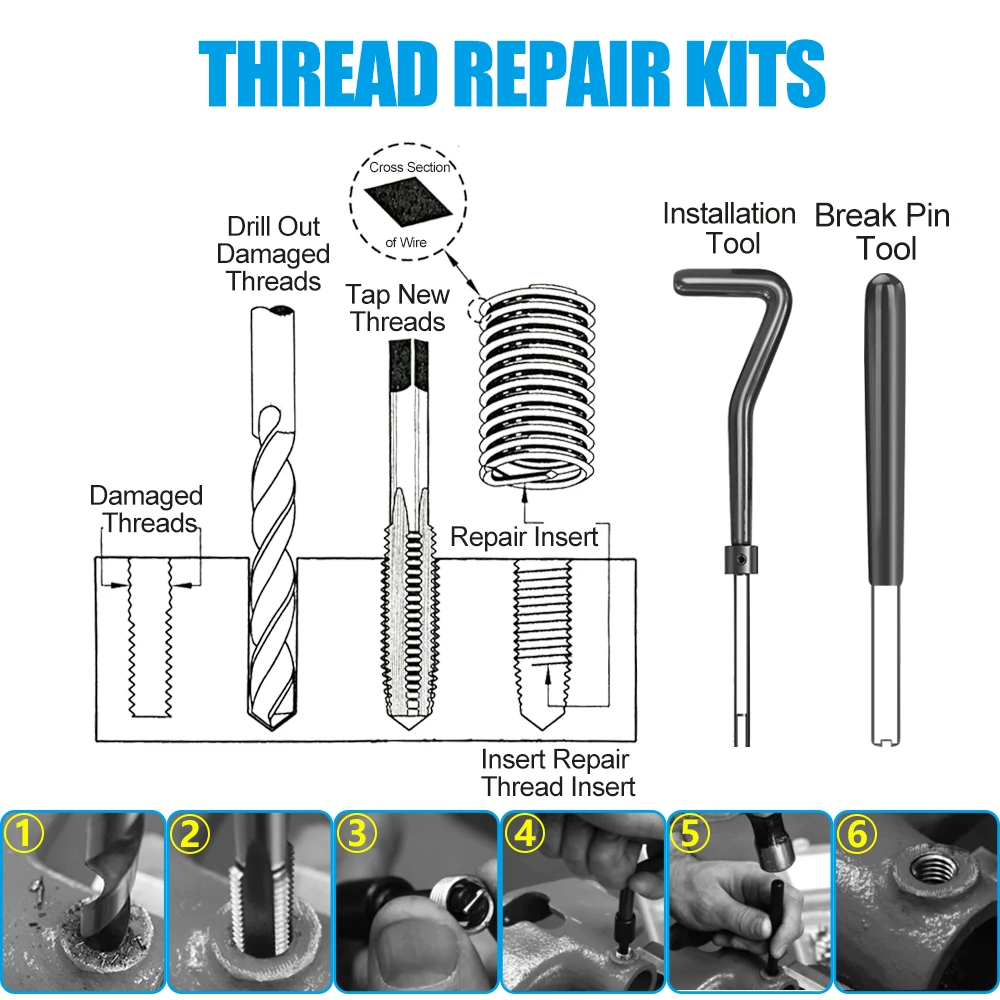 Juego de reparación de Roscas Métricas, insertos de rosca para reparación de roscas dañadas, M3/M4/M5/M6/M7/M8/M10/M12/M14, 25 uds.