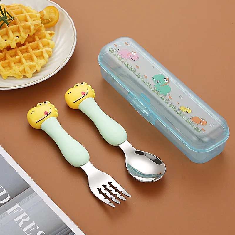 304 Stainless Steel Dinosaur Baby Children's Portable Tableware Cartoon Spoon Fork Learning Training Chopsticks Fork Spoon Set