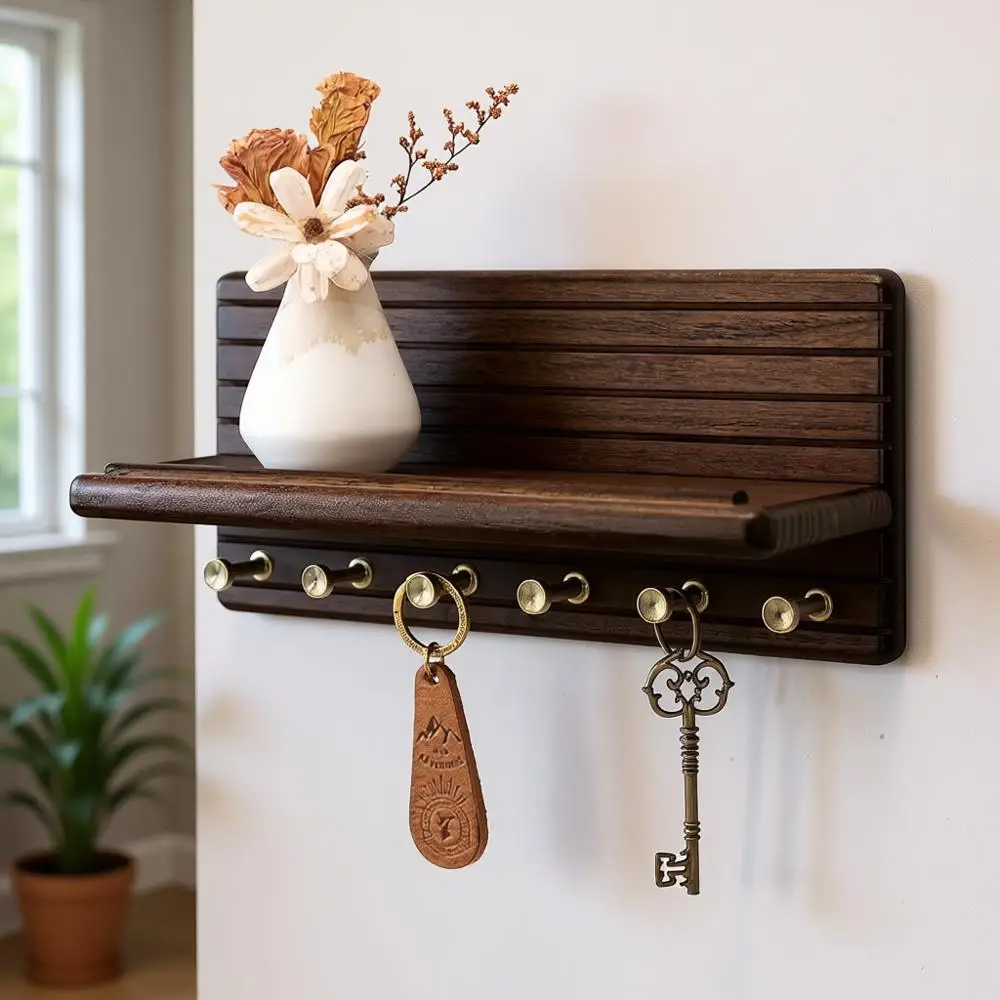 

Настенный держатель для ключей из орехового дерева с 6 крючками и плавающей полкой для декора дома и гостиной