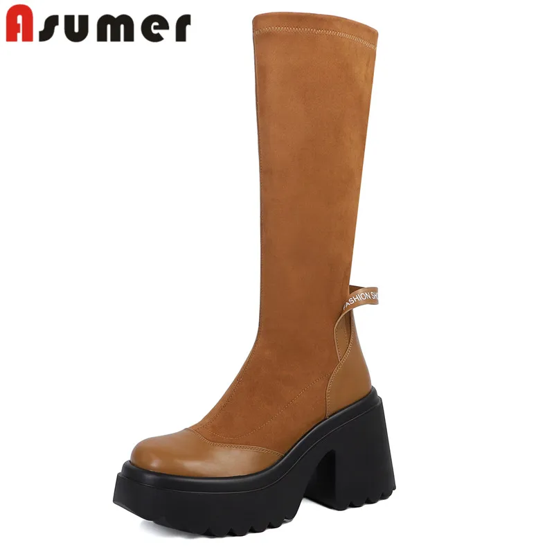 

ASUMER 2024 New Genuine Leather Flock Modern Boots Ladies Slip On Platform Autumn Boots Square High Heels Knee High Boots