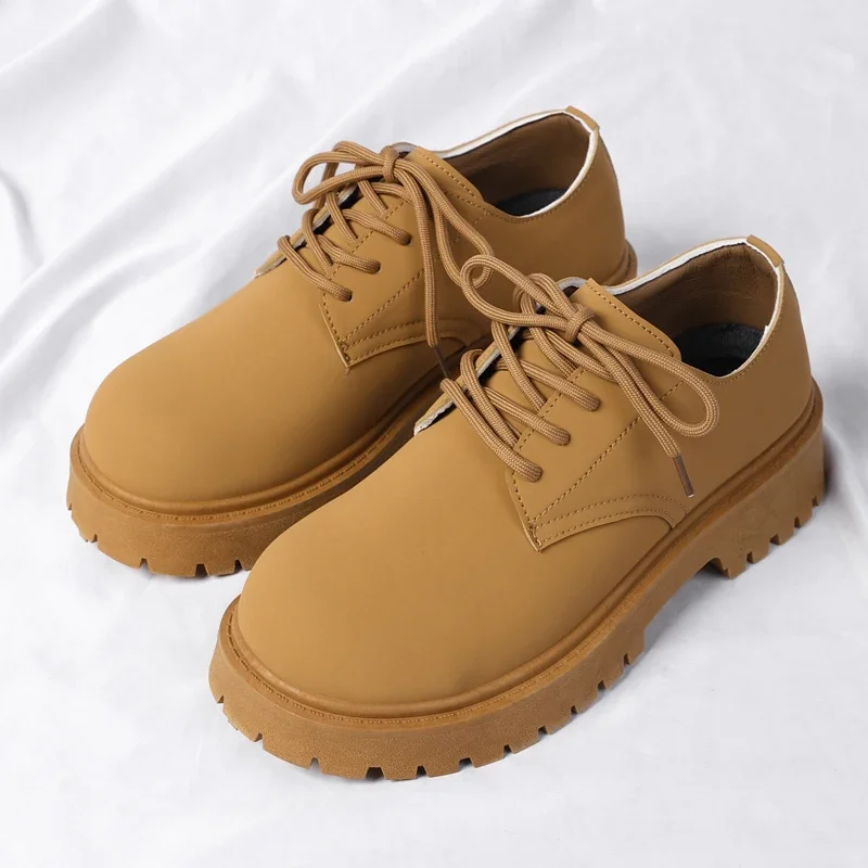 

2025: мужские кожаные туфли на толстой подошве с круглым носком на платформе, мужские повседневные туфли дерби из воловьей кожи, классический оригинальный легкий дизайнер