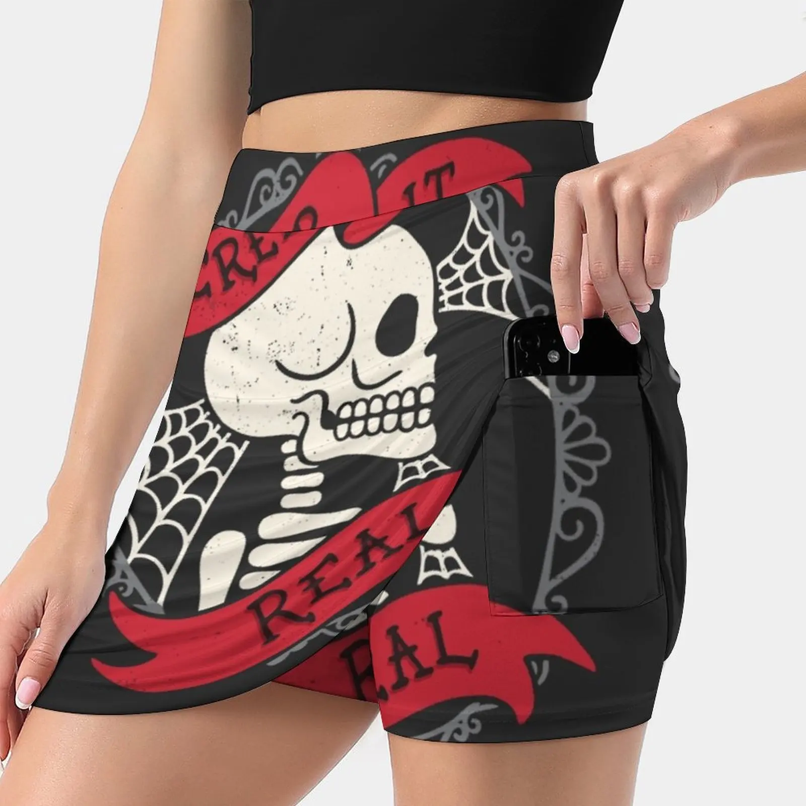 

Creep It Real Vintage Skeleton New Women Skirts Double-Layer Printed Short Dress Mini Sport Skirt Creep Skeleton Halloween