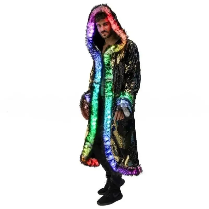 Men LED Wild Faux Fur Coat Light Up Long Coat for Stage Performance Show Dancing Costume