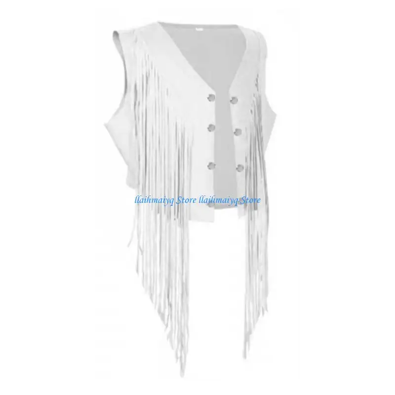 573B Women's Sleeveless V Neck Fringe Vest 70s Hippie Cowgirl Cropped Cardigan