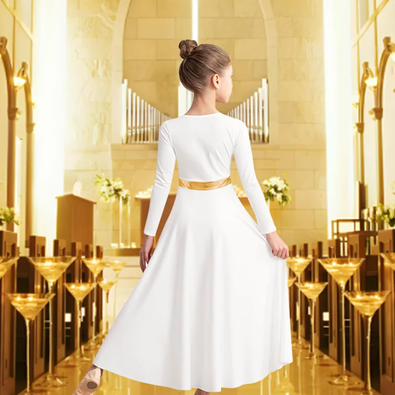 Vestido de baile moderno de alabanza de longitud completa y holgado de manga larga para niña, traje metálico liturgico de adoración, vestido de baile